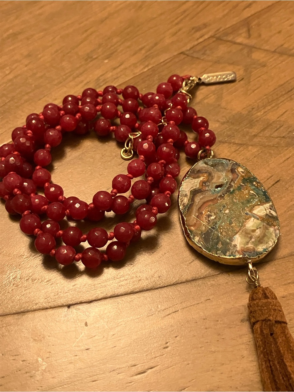Estate Red Beaded Necklace with Agate Pendant and Tassel